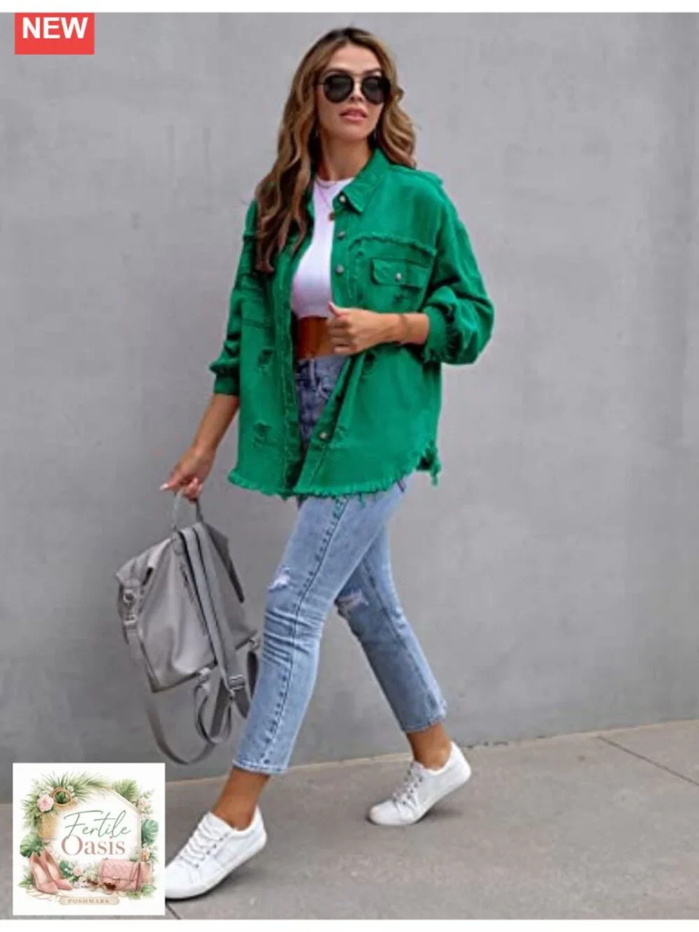 Oversized Distressed Denim Jacket Frayed Hem Button Front Boyfriend Jean